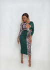 Diosa long sleeve splice leopard print midaxi dress- (Green) - Fancy Infinity Clothing