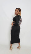 Diosa long sleeve splice leopard print midaxi dress- (Black) - Fancy Infinity Clothing